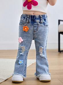 SHEIN Baby Girl Colorful 3D Floral Knit Denim Jeggings Pants - Light Wash - View 1