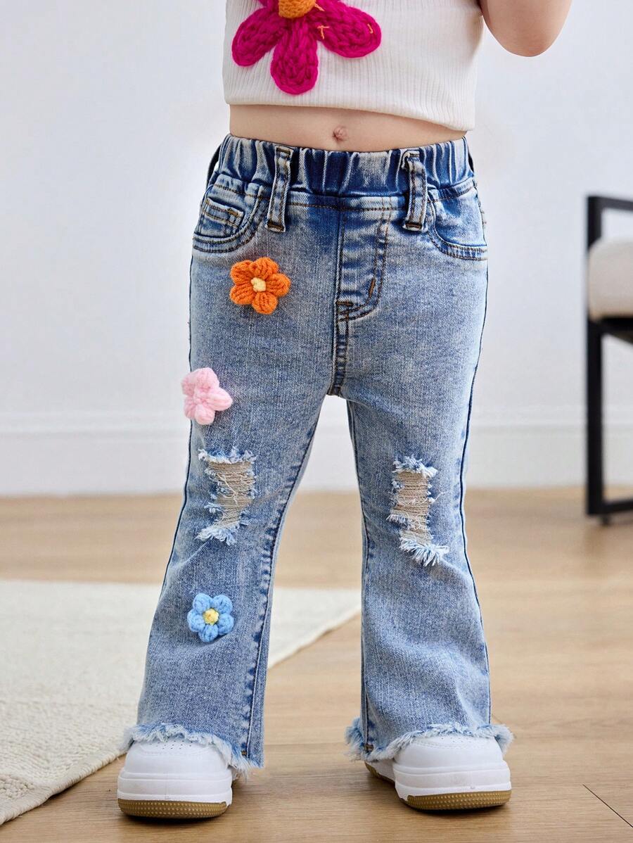 SHEIN Baby Girl Colorful 3D Floral Knit Denim Jeggings Pants - Light Wash - View 1