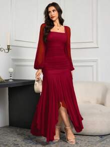 Modelyn Đầm dài tay màu trơn cho nữ, thời trang cho mùa hè - Màu Đỏ Sâu - Xem 7