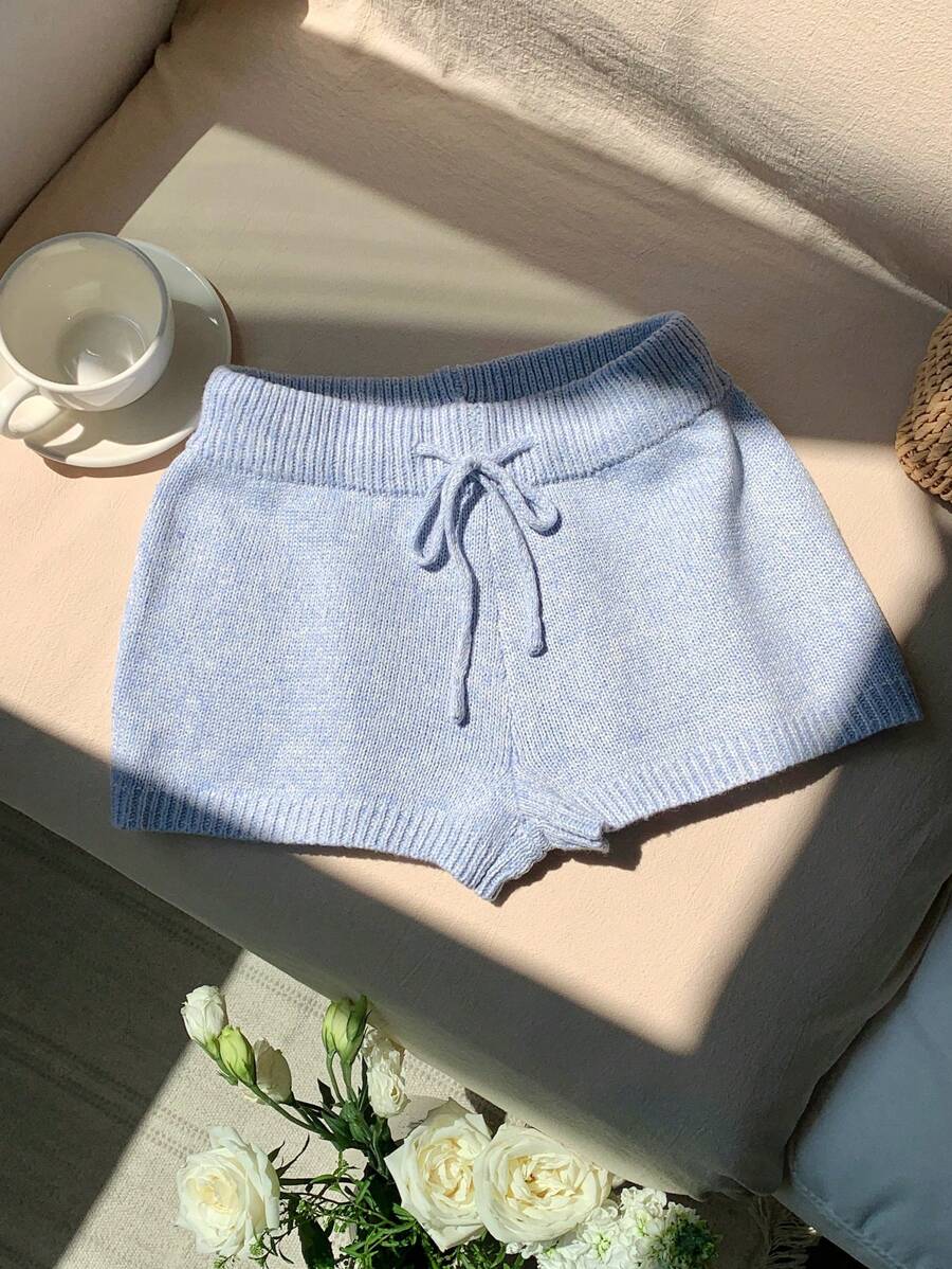 Comfortcana Quần short dệt kim cạp cao rút dây màu trơn thời trang thường ngày cho mùa thu/đông - Màu xanh lam - Xem 1