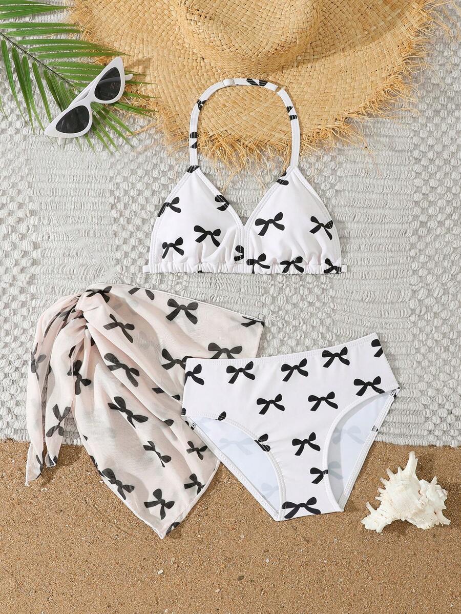 Tween Girls'bow Print Ruffle Trim Tankini Swimsuit - Multicolor - View 1