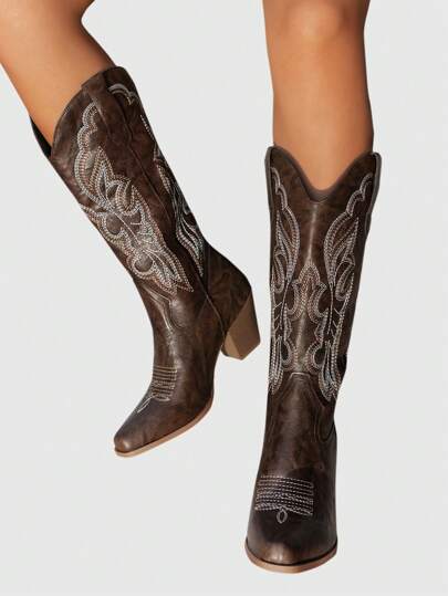 ROMWE Fairycore Women's Cowboy Boots, New Spring/Autumn Outdoor Casual Fashion One-Touch Embroidered Western Mid-Calf Boots, Brown Spring Shoes For Christmas