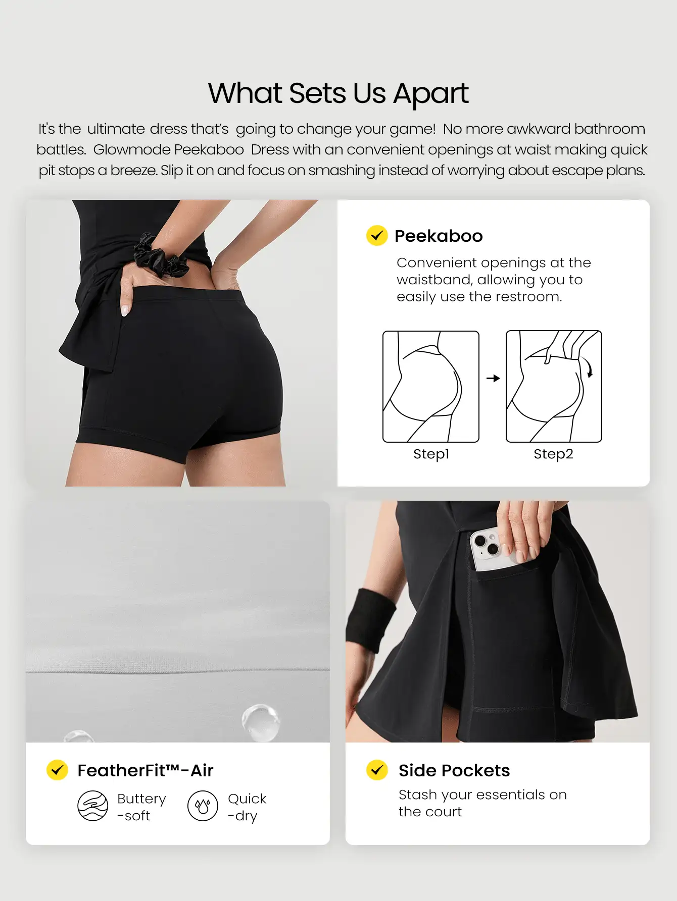 GLOWMODE FeatherFit™-Air Sweet Serve Peekaboo Twist Back Ultra High-Cạp cao phía trước xẻ tà váy thể thao có quần short tích hợp Túi bên hông Tay cầm chống trượt Tác động thấp Quần vợt Golf Pickleball Trang phục hàng ngày - màu đen - Xem 2