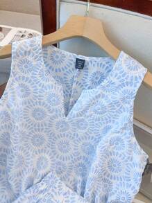 GlowEve CURVE 大码女式两件套 - 无袖提花梭织上衣，鸡心领和松紧腰阔腿短裤，优雅通勤和度假装，夏季 - 藍白色 - 查看 3