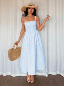 Breezaya Váy xòe thanh lịch kiểu Pháp, vải Jacquard họa tiết hoa cúc, váy midi không tay màu trơn mùa hè mới dành cho nữ - Màu xanh nhạt - Xem 6