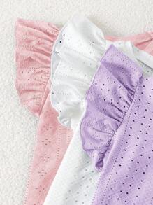 SHEIN 3 件套年轻女孩纯色荷叶边领修身 T 恤 - 粉色 - 查看 4