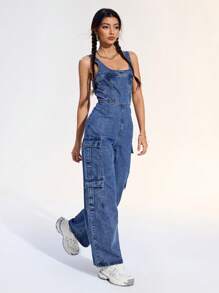 SHEIN EZwear 女士休闲洗水牛仔连身裤 - 深色水洗藍 - 查看 5