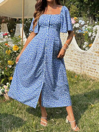 SHEIN 孕妇短袖方领连衣裙，夏季时尚