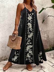 SHEIN Holidaya Plus Size Women Floral Embroidery Print Loose Maxi Slip Dress, Casual For Daily, Commute, Holiday, Summer - Multicolor - View 6