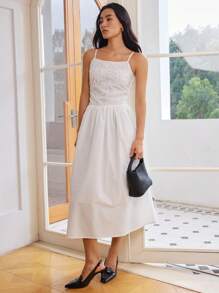 Dazy-Less 女士夏季休闲纹理欧根纱蕾丝紧身中长款吊带裙商务休闲女装