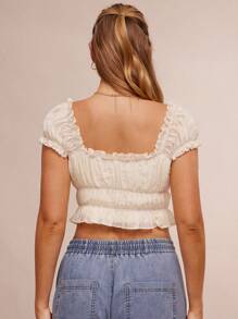 WESTFADE Blusa ajustada estilo western con cuello cuadrado con volantes, mangas avolantadas y textura trenzada para verano y vacaciones en la playa
