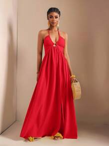 Zivah 新款春夏休闲假日露背露肩胸围、腰围和后背摆裙，前部高开叉至大腿，黄色海条纹女式超长连衣裙-B - 紅色 - 查看 7