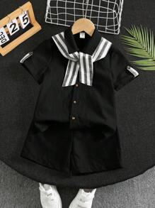 SHEIN 3 件套买 2 送 1，休闲百搭时尚可爱舒适亚麻条纹披肩、衬衫和宽松短裤套装，适合春夏日常、运动、郊游、校园、派对、节日、拍照 - 黑色 - 查看 2