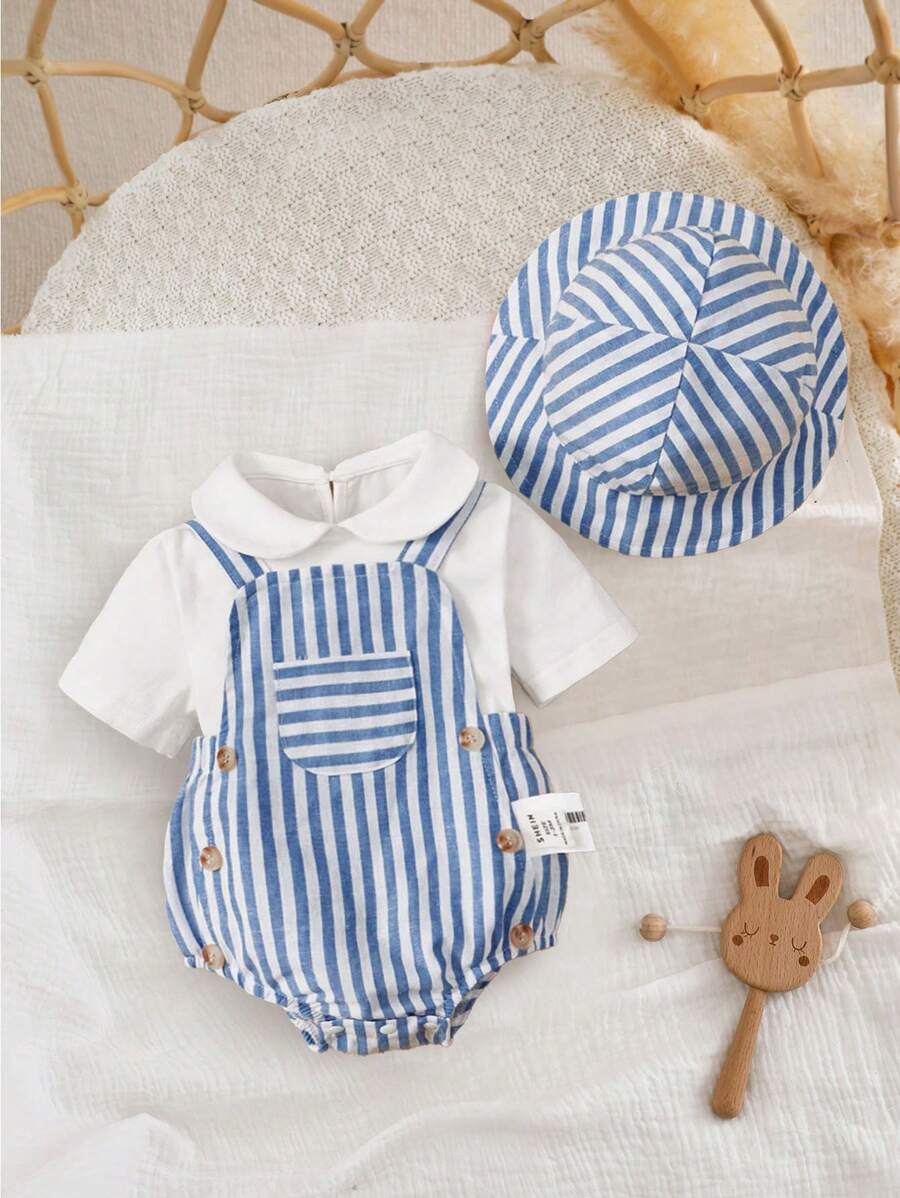 SHEIN Conjunto de 3 piezas para bebé recién nacido: body + blusa + gorro - Azul y blanco - Ver 1