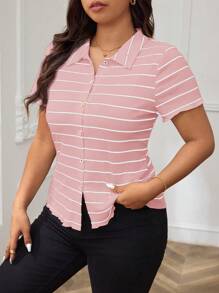 SHEIN Frenchy Plus Elegant, Office, Stylish, Comfortable And Simple,Teacher,Striped Print Button Front Tee,Short Sleeves