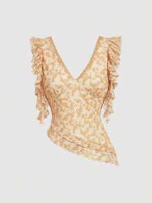 SHEIN MOD Top asimmetrico da donna con scollo a V e arricciature floreali, adatto per primavera/estate, top con arricciature da vacanza, carino, con grafica, stile occidentale, uscita, Pasqua, stile boho, festival rave, vacanza in spiaggia