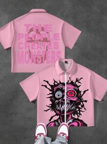 SHEIN Tween Boy Casual Minimalist Cartoon Print Turndown Collar Zip-Up Short Sleeve Shirt - Multicolor - View 1