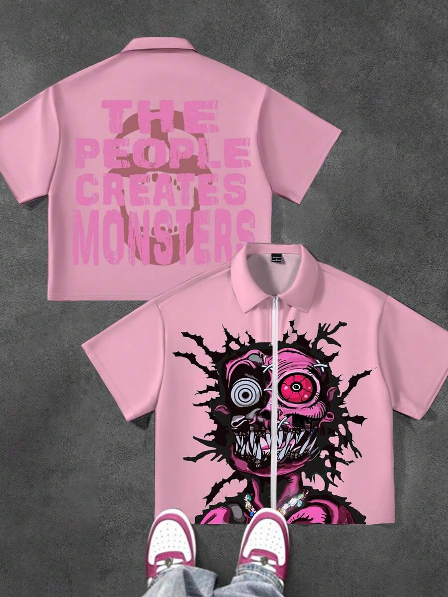 SHEIN Tween Boy Casual Minimalist Cartoon Print Turndown Collar Zip-Up Short Sleeve Shirt - Multicolor - View 1