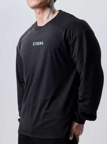 Manfinity Sport Corelite Men's Round Neck Long Sleeve Letter Print Casual Sports T-Shirt 4-Way Stretch Material Sweat-Wicking Lightweight Physique-Enhancing Seamless Design Slim Fit For Workout Casual Oversized T-Shirt - Black - View 3