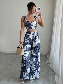 SHEIN PETITE Women's Summer Vacation Full Print Cropped Tank Top And Wide Leg Pants Set - Multicolor - View 1