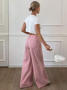 Livesso Women's Casual/Business Relaxed Fit Solid Color Denim Pants, Summer New Style Women Jeans - Pink - View 2