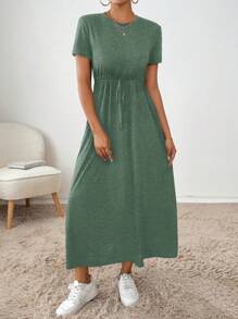 SHEIN Essnce 女式简约纯色圆领抽绳腰短袖连衣裙，夏季 - 綠色 - 查看 3