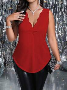 SHEIN Clasi Women's Versatile Waist Gathered Ruffle Trim Knit Tank Top - Red - View 4