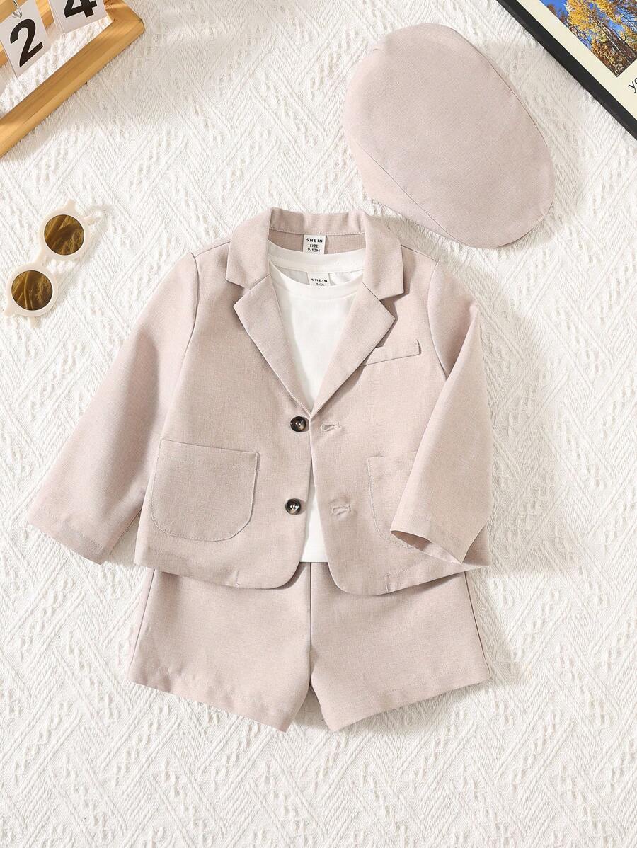 SHEIN 3pcs/Set Baby Boy Gentleman Style Suit: Lapel Cardigan, Solid Color Casual Shorts, Matching Hat 2pcs Set, Suitable For Spring/Summer, Birthdays, Christenings, 1st Birthday Parties, Weddings - Khaki - View 1