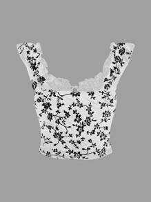 SHEIN MOOSTA Gothic Style Women Top, Floral Print Fabric, Ruffle Trim - White - View 2