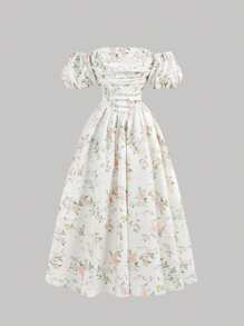 SHEIN Girlism 青少年女孩休闲舒适泡泡袖碎花长裙 - 白色 - 查看 1