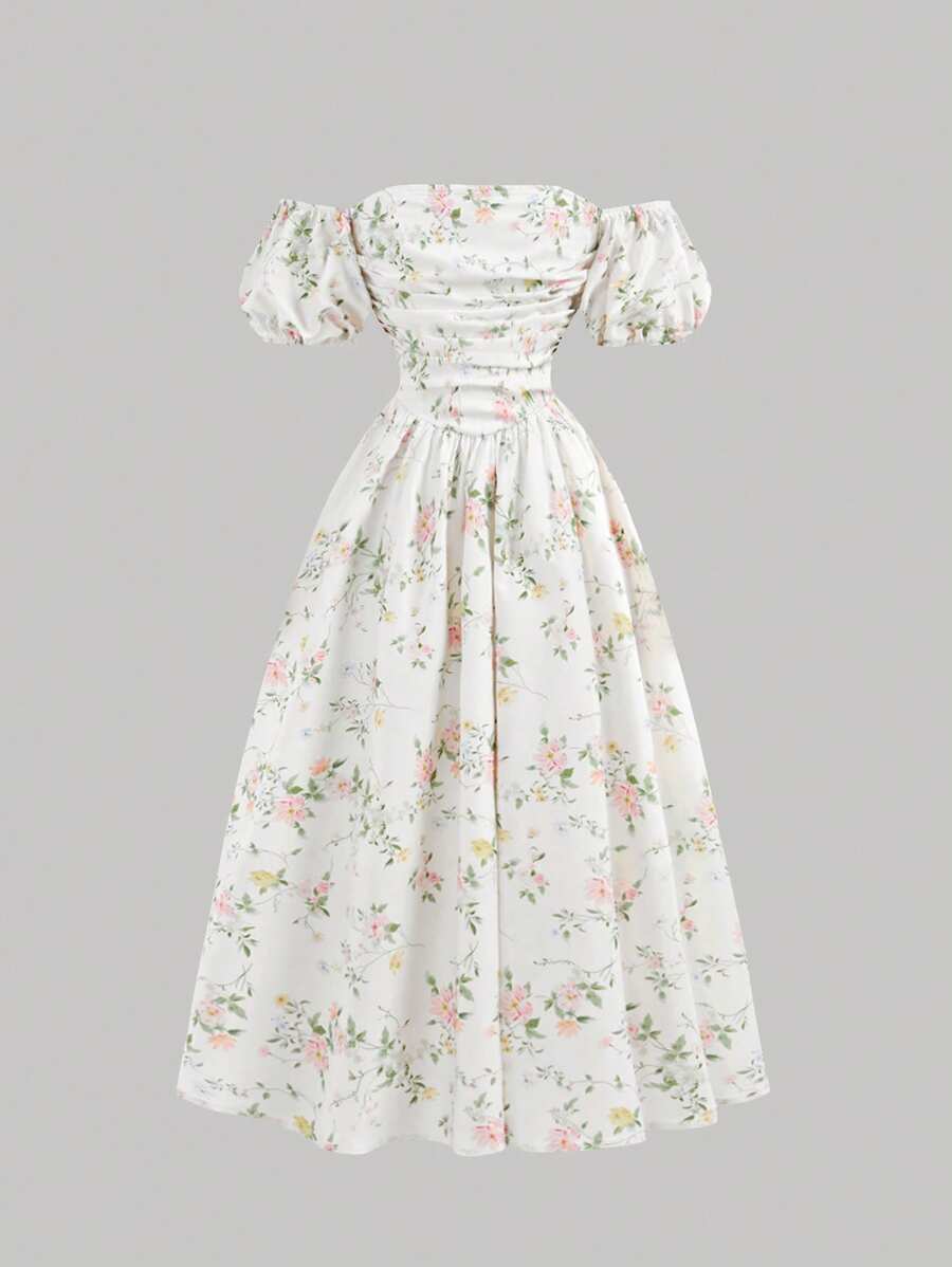 SHEIN Girlism 青少年女孩休闲舒适泡泡袖碎花长裙 - 白色 - 查看 1