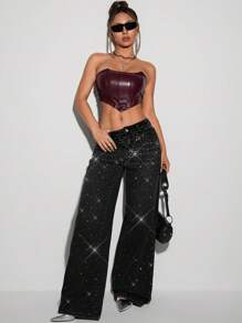 SHEIN ICON 女式低腰亮片拼接优雅口袋牛仔裤 - 灰色 - 查看 3