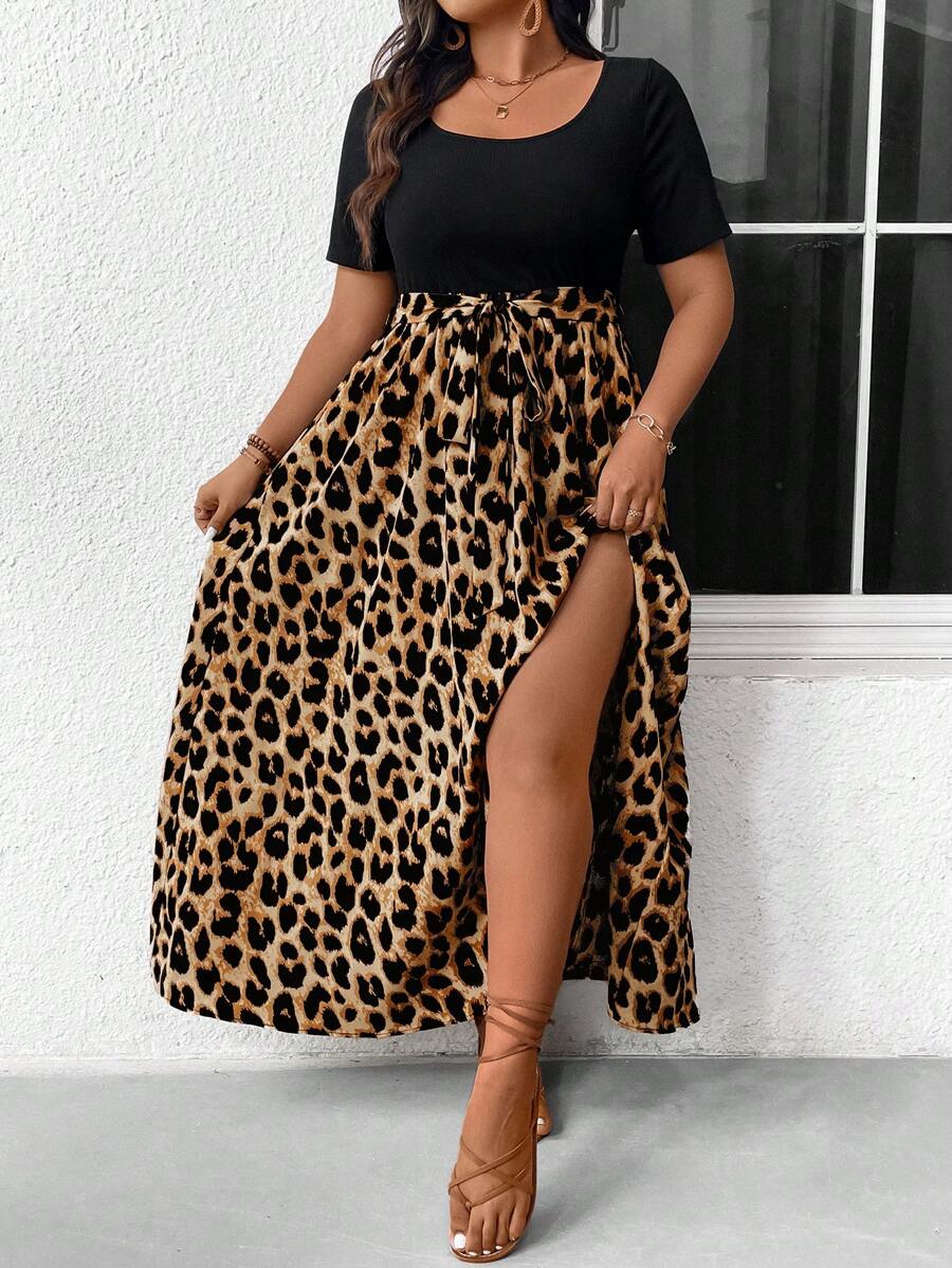 SHEIN Frenchy Plus Size Solid Color Leopard Patchwork Simple Daily Short Sleeve Dress For Women Fall Clothes - Multicolor - View 1