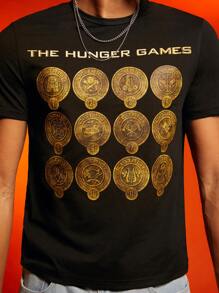 The Hunger Games X SHEIN Men's Casual Letter Graphic Print Short Sleeve T-Shirt, Summer - Black - View 4