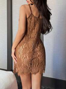 DAZY 性感透明蕾丝细肩带女士内衣睡袍 - 咖啡棕 - 查看 2