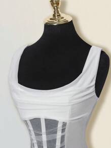 SHEIN ICON Mesh Scooped Neck Sheer Fishbone Bust Tank Top - White - View 7