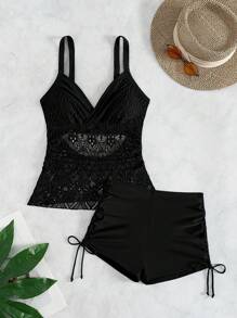 SHEIN Swim 女士 2 件套绿色花卉褶皱胸围系带露背性感比基尼套装