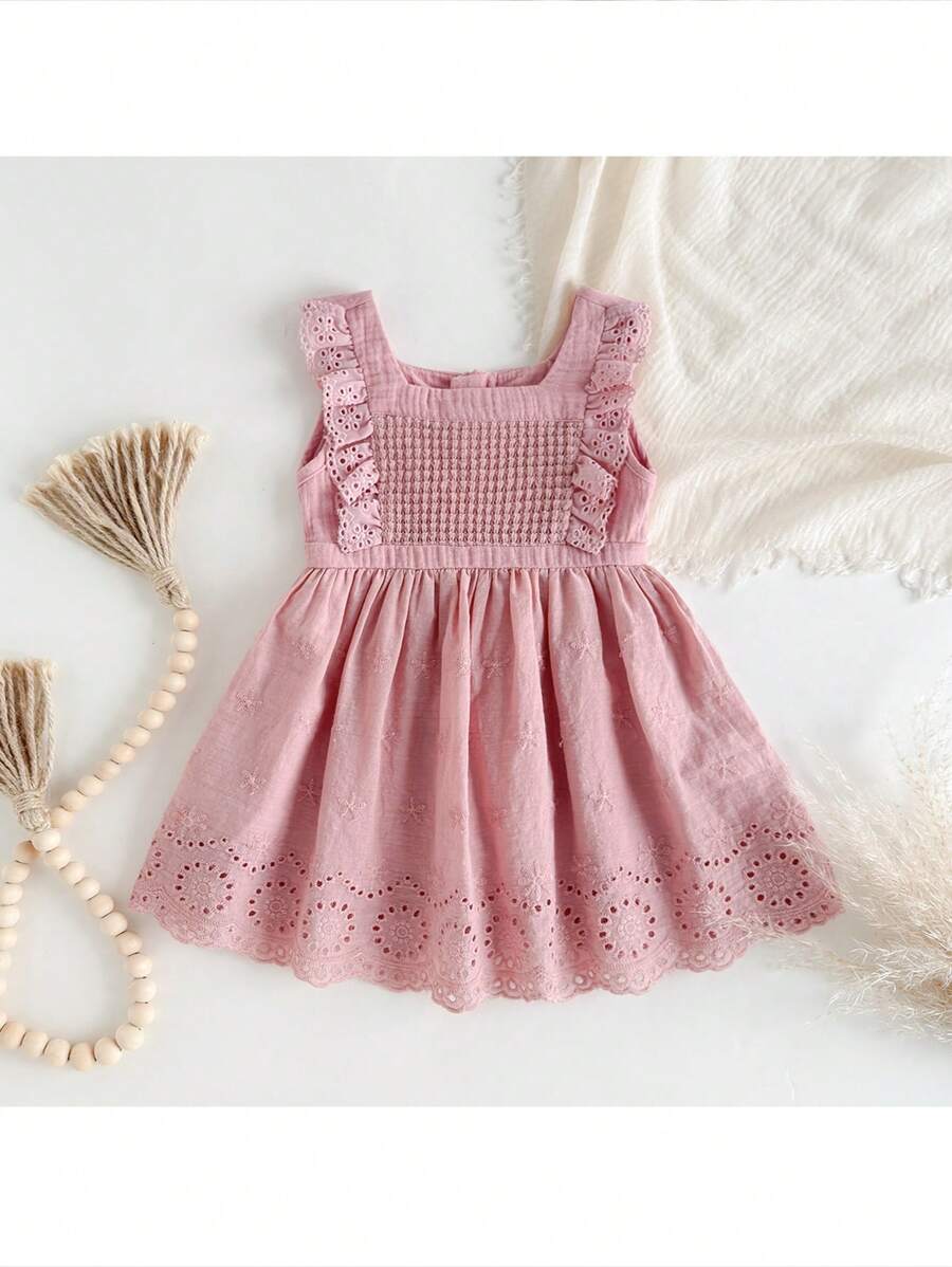 Loomiva Baby Girl Ruffled Trim Round Neck Sleeveless Cinched Waist Dress, Versatile & Comfortable
