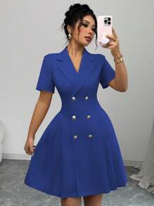 Elenzga Women's Elegant V-Neck Collared Double-Breasted Waist Fit And Flare Short Sleeve Mini Dress, Commuter & Casual - Royal Blue - View 5