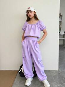 Girls Knit Sweatsuit Set,Purple,Summer,Casual,School Soft Stretchy Fabric Square Neckline Puff Sleeves Top & Pants Everyday Outfit - Purple - View 1