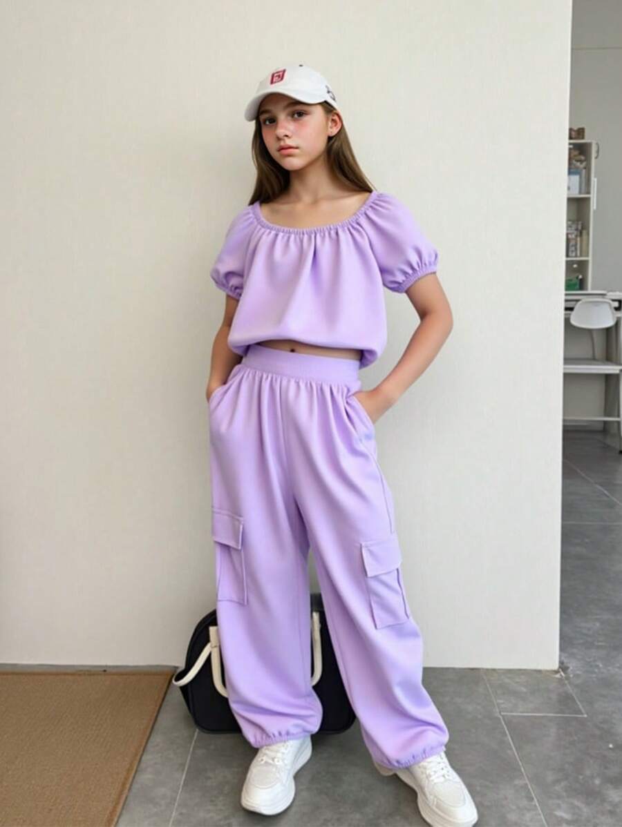 Girls Knit Sweatsuit Set,Purple,Summer,Casual,School Soft Stretchy Fabric Square Neckline Puff Sleeves Top & Pants Everyday Outfit - Purple - View 1