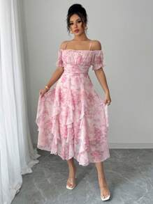 Chiquease Elegant & Sweet Vacation Ditsy Floral Spaghetti Strap Lantern Sleeve Waisted Casual Dress - Pink - View 4