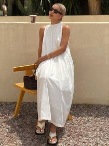 Livesso Đầm maxi nữ dáng suông dài ngang gối màu trơn, kiểu dáng mùa hè, thích hợp cho kỳ nghỉ. - trắng - Xem 6