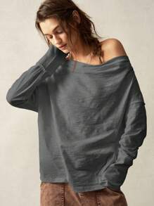 Bohemela Áo thun dài tay cổ thuyền dệt kim màu trơn đơn giản cho nữ - Xám - Xem 8