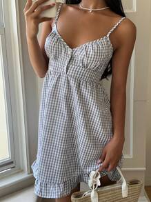 SHEIN EZwear 格纹花卉印花3D装饰吊带夏装，适合夏季 - 彩色 - 查看 4