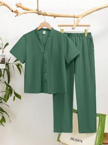 SHEIN Leap Crew 2pcs/Set Older Boys Loose Fit Stand Collar Plain Woven Short Sleeve Shirt And Long Pants Set - Green - View 1