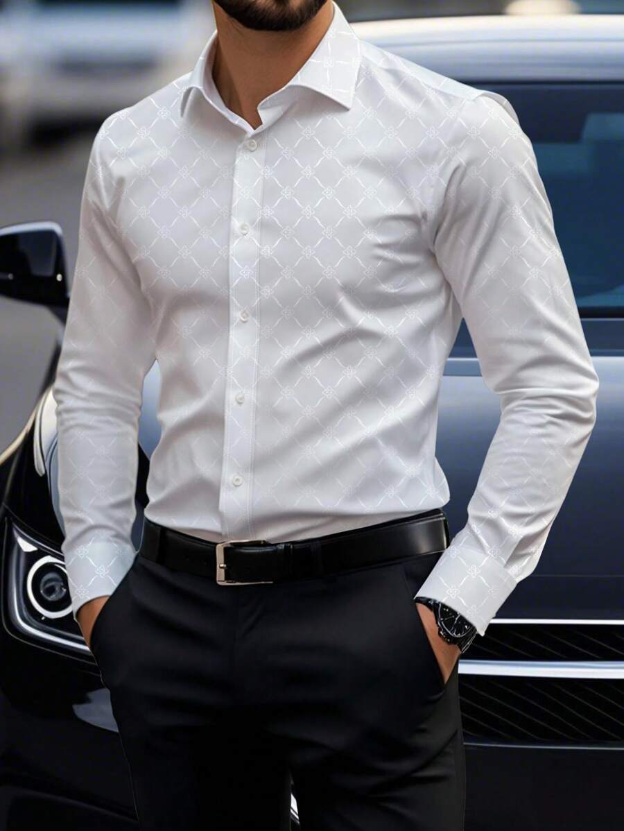 Manfinity Mode Men's Button Down Long Sleeve Slim Fit Business Formal Dress Shirt,Long Sleeve Men Shirt, For Fall Formal, Ceremony - White - View 1