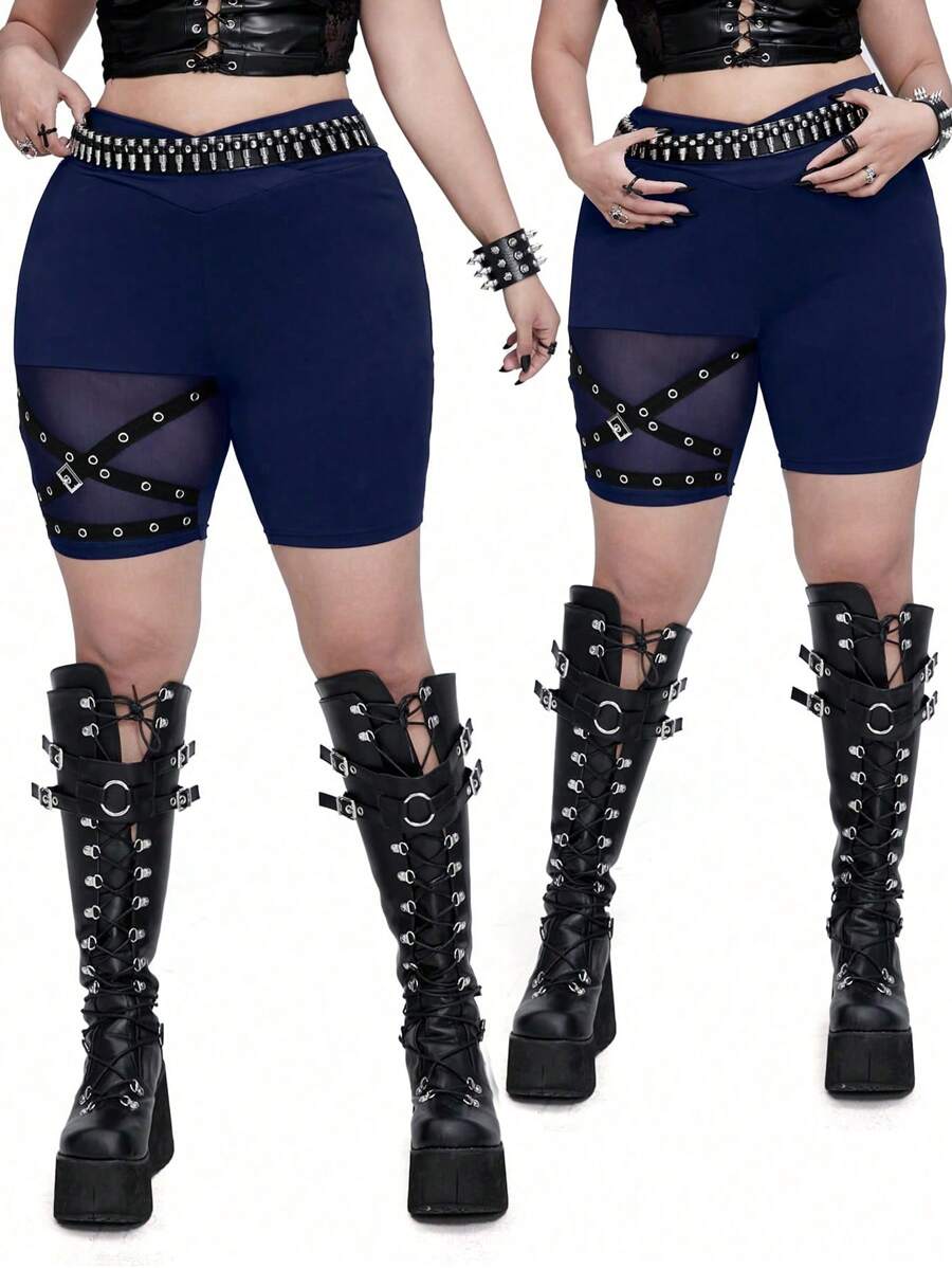 Whyspr Plus Size Sexy Sheer Mesh Fitted Leggings - Navy Blue - View 1