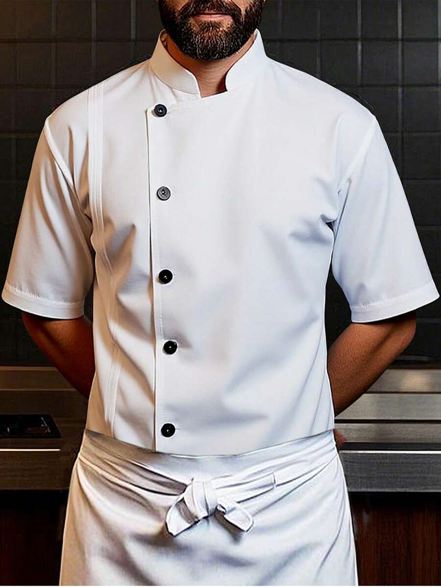 Manfinity Homme Áo sơ mi đầu bếp tay ngắn cổ đứng màu trơn dành cho nam - trắng - Xem 1