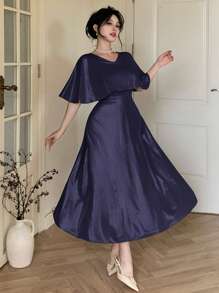 DAZY Elegant Solid Color V-Neck Mid-Length Casual Dress For Wedding Guest, Summer,Formal Women Dresses Prom Dress - Navy Blue - View 4